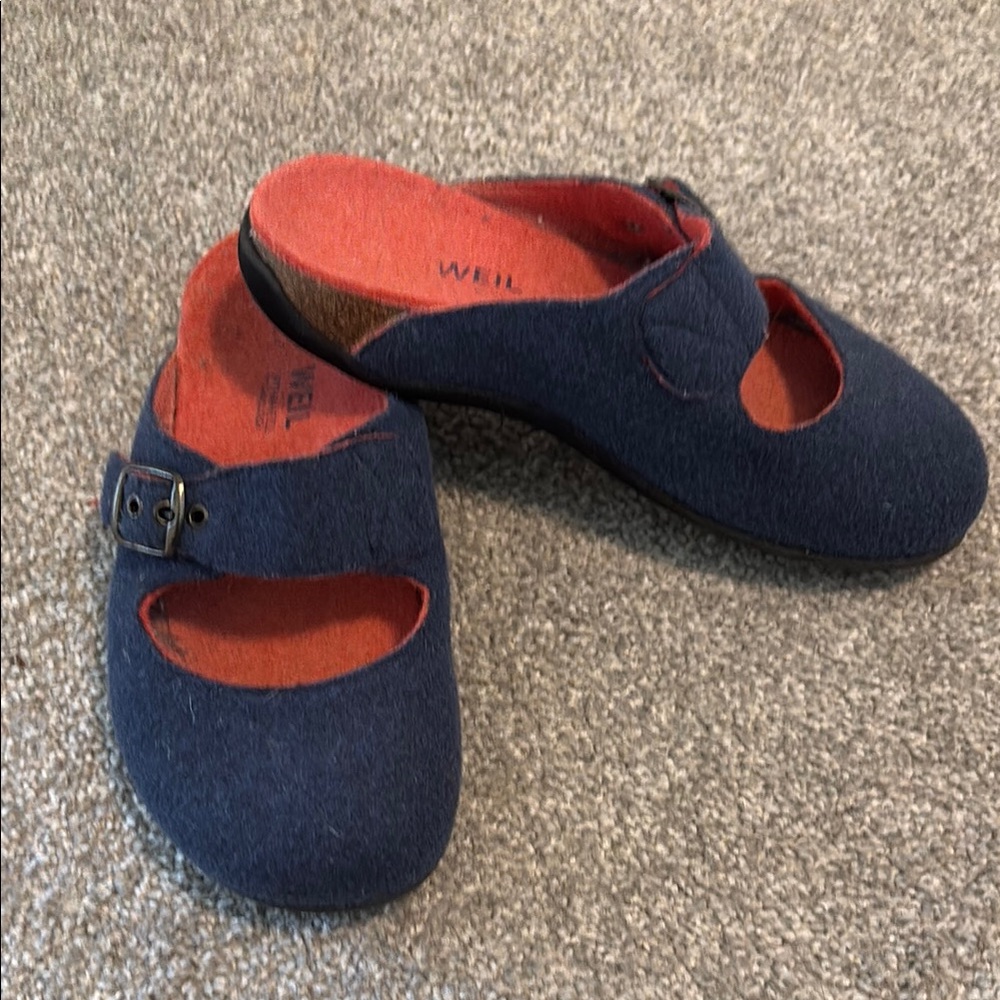 Blue and Red Cozy Slippers with Open Back